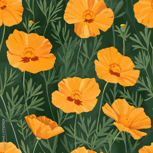 Orange rose with green leaves isolated green background seamless pattern illustration