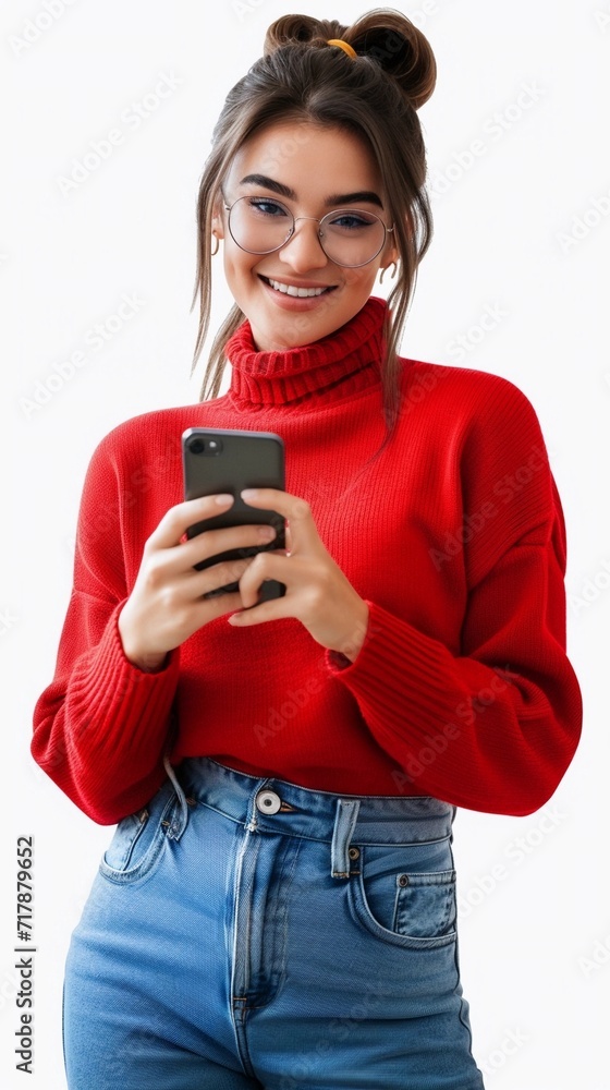 young happy woman with mobile phone isolated on transparent background young happy woman with mobile phone isolated on transparent background