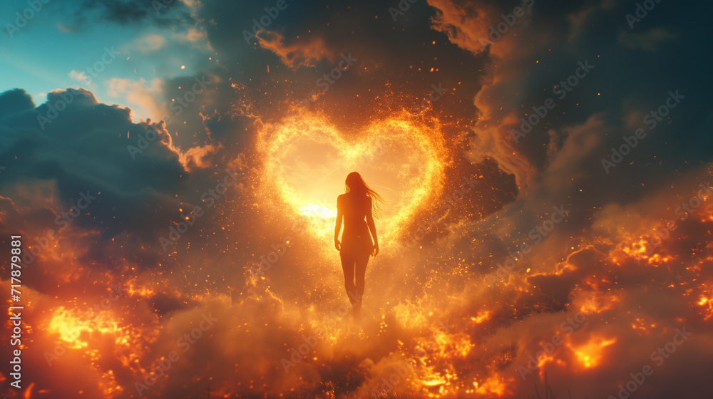 Woman walking through the fire to a heart shape portal