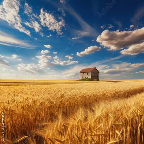 A field of golden wheat ready for harvest, with ears of wheat swaying in the breeze and a distant farmhouse on the horizon.