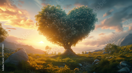 Green heart shape blooming tree in sunrise