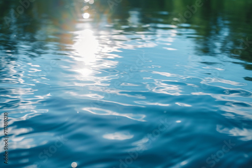 close-up of a sunlit spotless mind, symbolized by a clear and tranquil lake reflecting the blue sky, presenting a serene and calming atmosphere in a minimalistic style