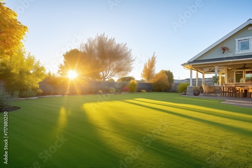 warm sunset casting shadows on a wellmanicured lawn photo