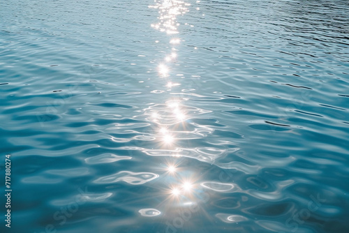 close-up of a sunlit spotless mind, symbolized by a clear and tranquil lake reflecting the blue sky, presenting a serene and calming atmosphere in a minimalistic style © forenna