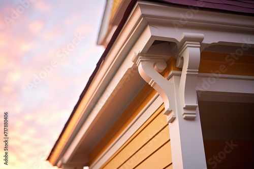 victorian corbel brackets under eaves at sunset