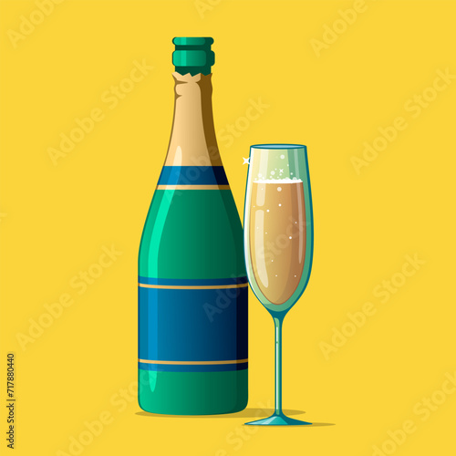 Champagne bottles with glasses. Doodle champagne and prosecco vintage glass bottles