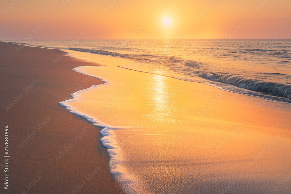 Fototapeta premium minimalist beach scene at sunrise, where the eternal sunshine bathes the shoreline in a warm and golden glow, creating a peaceful and idyllic setting in a minimalistic style
