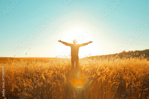 person standing in an open field with arms outstretched, basking in the eternal sunshine, symbolizing a sense of freedom and clarity of thought in a minimalistic style