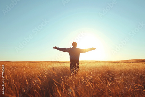 person standing in an open field with arms outstretched  basking in the eternal sunshine  symbolizing a sense of freedom and clarity of thought in a minimalistic style