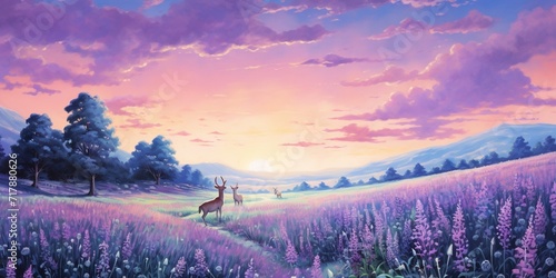 A field of lavender under a pastel sky, where bees buzz around, and a family of deer grazes in the fragrant meadow.