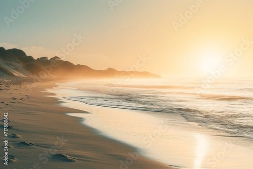 minimalist beach scene at sunrise, where the eternal sunshine bathes the shoreline in a warm and golden glow, creating a peaceful and idyllic setting in a minimalistic style