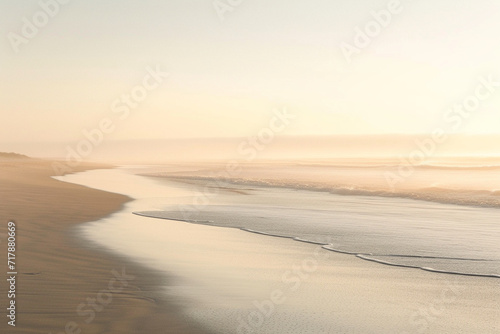 minimalist beach scene at sunrise, where the eternal sunshine bathes the shoreline in a warm and golden glow, creating a peaceful and idyllic setting in a minimalistic style