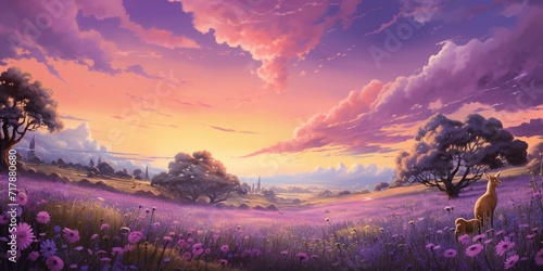 A field of lavender under a pastel sky  where bees buzz around  and a family of deer grazes in the fragrant meadow.