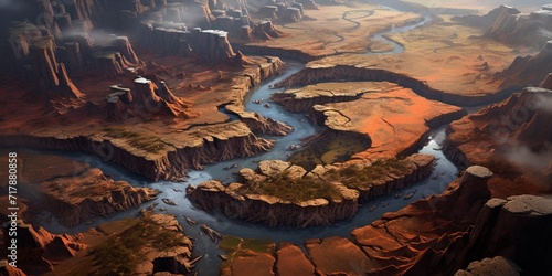 A breathtaking aerial view of a canyon with red rock formations and a meandering river below.