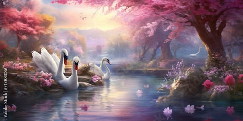 A cherry blossom garden in full bloom, where a family of swans swims in a tranquil pond, and butterflies dance in the soft breeze. photo