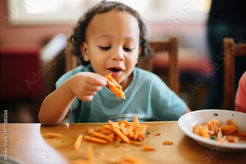 kid eating sweet potato fries at family dinner table