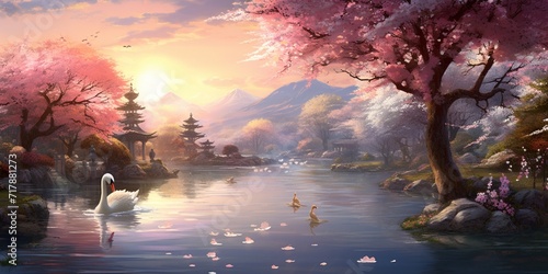 A cherry blossom garden in full bloom  where a family of swans swims in a tranquil pond  and butterflies dance in the soft breeze.