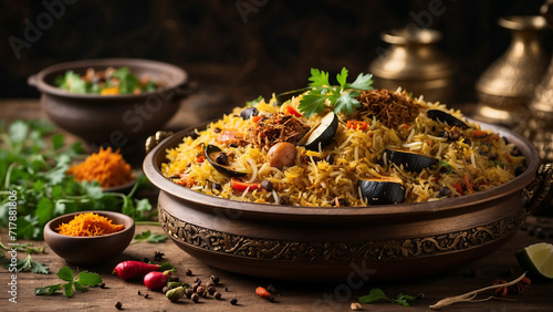 A side view of vegetable biryani in a traditional plate the rising steam carrying the tantalizing aroma of spices, filling the air around the wooden table photo