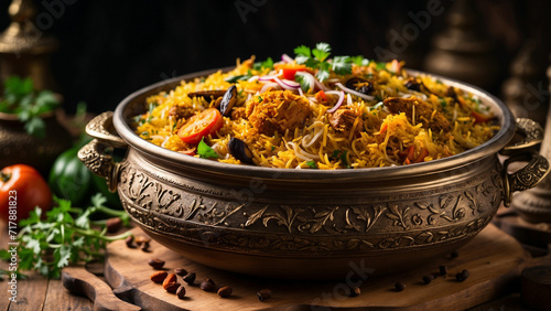 A side view of vegetable biryani in a traditional plate the rising steam carrying the tantalizing aroma of spices, filling the air around the wooden table