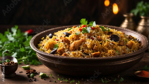 A side view of vegetable biryani in a traditional plate the rising steam carrying the tantalizing aroma of spices, filling the air around the wooden table