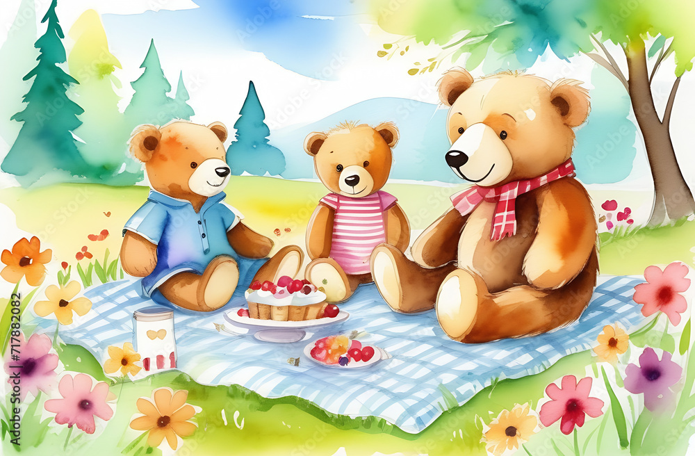 Obraz premium Watercolor weekend of parent with kids in the sunny forest.Toy bear family picnic on the flower lawn. Lovely cartoon lunch painting. 