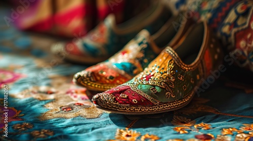 Embroidered Shoes Displayed on Colorful Patterned Fabric photo