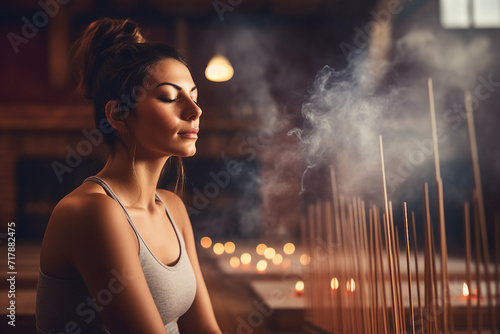Generative AI picture of charming girl sitting floor in lotus pose among smoldering wooden incense aromatic sticks photo