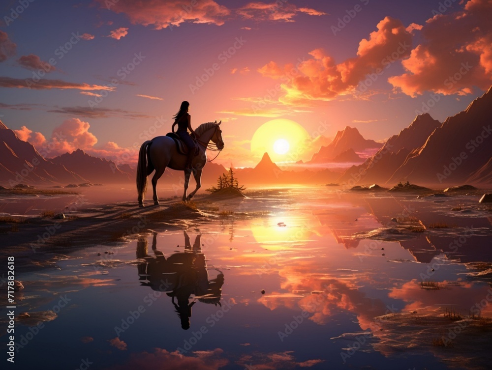 Fototapeta premium Female riding her horse in a sunset land