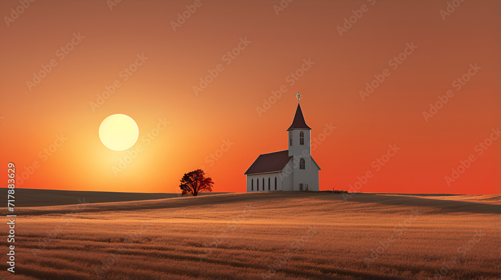 Exploring a Church Building with Its Stately Steeple and Towering Summit, Witnessing Dusk's Beauty in the Vast Western Landscape
