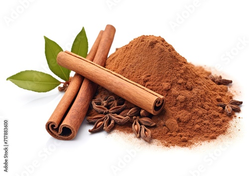 Heap of brown Cinnamon powder isolated on white background. generative AI