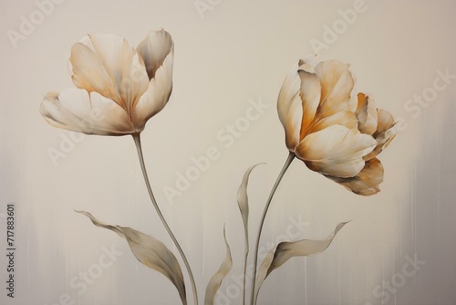 pair of floral tulips on neutral backdrop. Generative AI