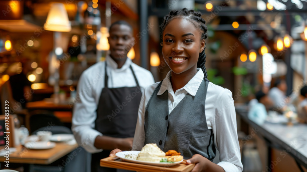 female waitress smiling and holding a plate of food female waitress smiling and holding a plate of food