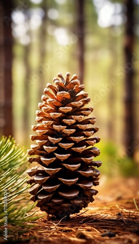 A close-up of a pine tree cone in the midst of a pine forest, capturing the essence of the coniferous landscape.
