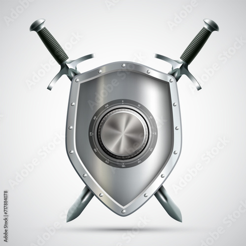 Metal shield with a coded wheel lock and swords. Isolated on white background. Stock vector illustration