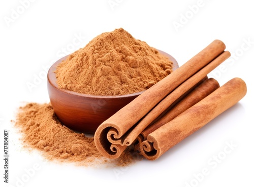 Heap of brown Cinnamon powder isolated on white background. generative AI