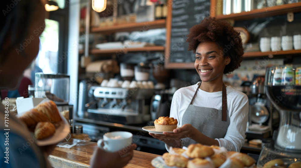 cheerful barista with curly hair is handing over a cup of cappuccino