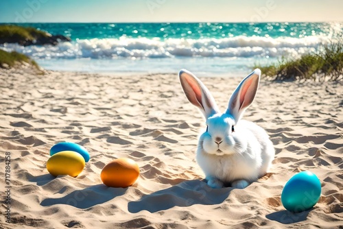 easter bunny on the beach with easter eggs