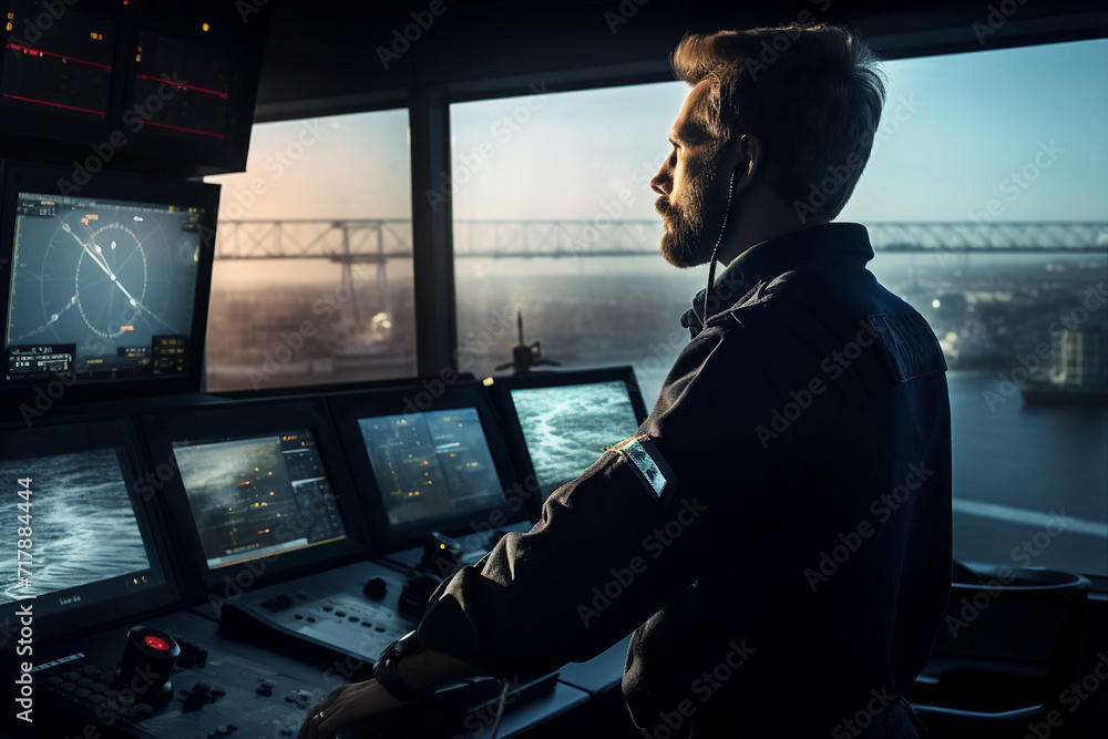 Generative AI photo of handsome confident man ship captain on a liner in the sea Generative AI photo of handsome confident man ship captain on a liner in the sea