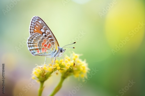 macro of a bright colored butterfly on a wildflower in forest © primopiano