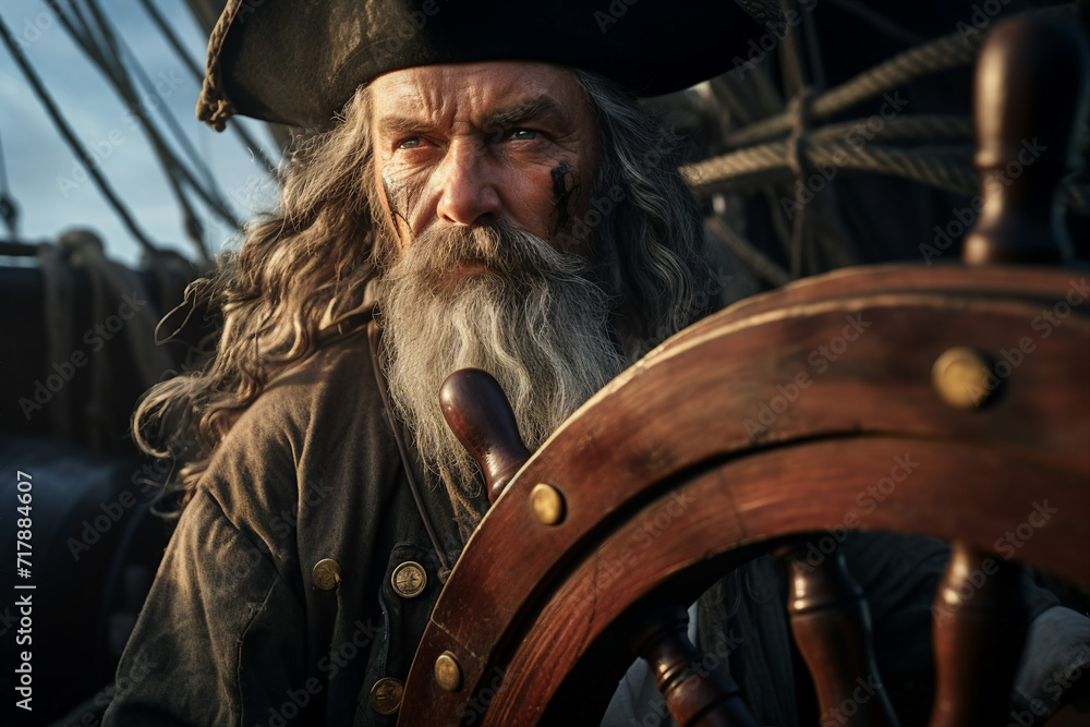 Generative AI image of pirate in a hat swimming on boat in the sea Generative AI image of pirate in a hat swimming on boat in the sea