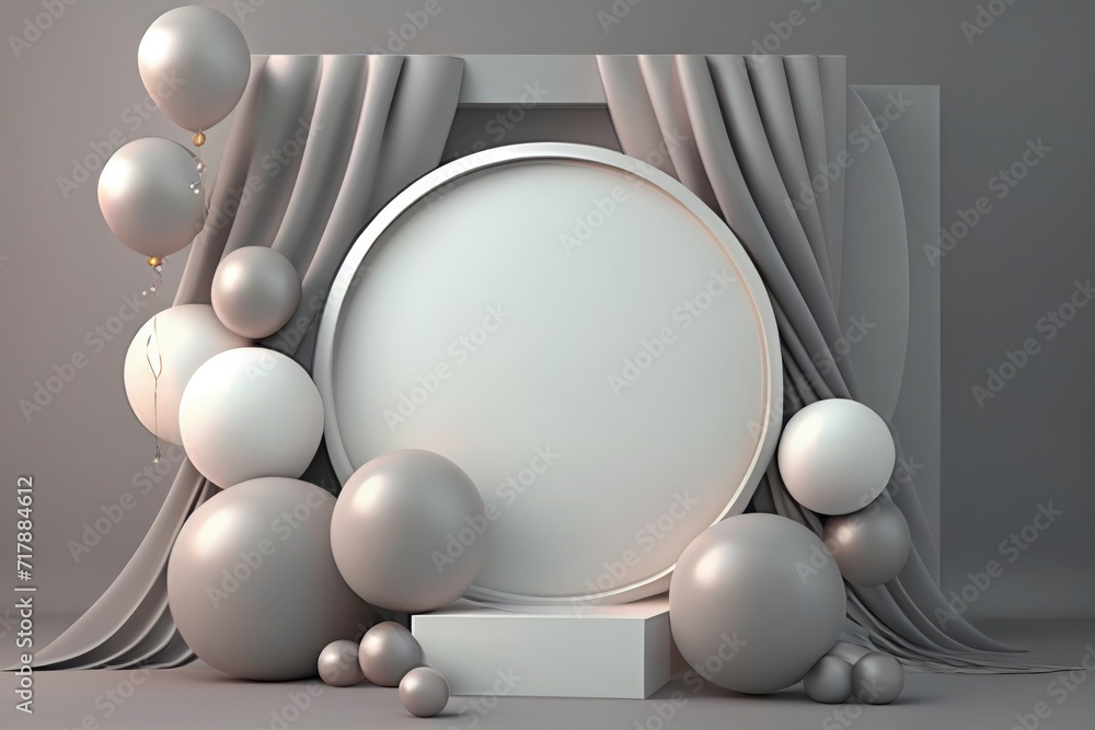 Circular frame on podium with gift box and balloons, 3D curtain backdrop Circular frame on podium with gift box and balloons, 3D curtain backdrop