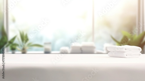 Empty white massage table on blurred spa background, blurry cosmetology scene photo