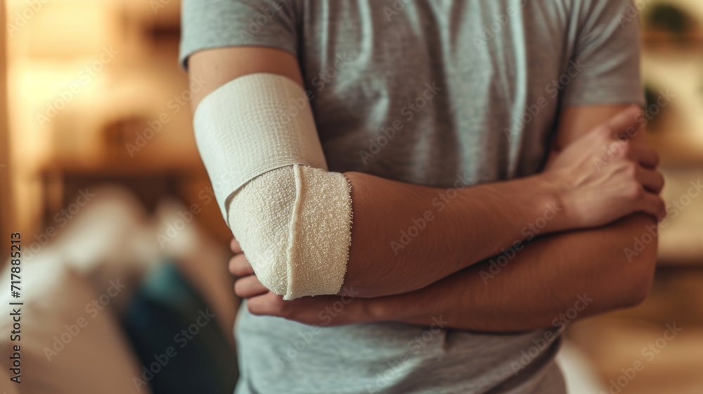 an individual with a bandaged arm seemingly in discomfort or in the process of self-examination - obrazy, fototapety, plakaty 