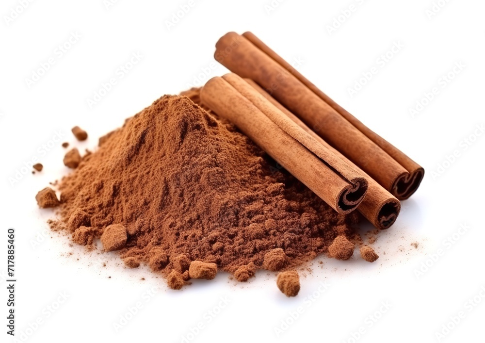 Heap of brown Cinnamon powder isolated on white background. generative AI Heap of brown Cinnamon powder isolated on white background. generative AI
