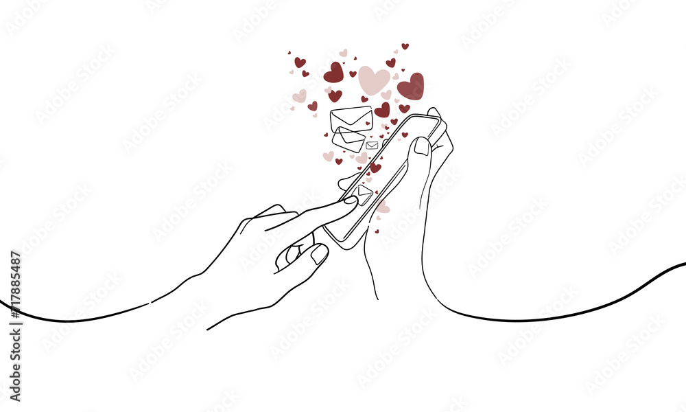 Fototapeta premium Hand holds the phone and sends a love message with the other hand. February 14 minimalist line art set of red hearts isolated on white background. Happy Valentine's Day. Vector outline illustration