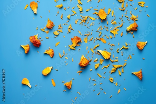 marigold petals scattered on a blue backdrop photo