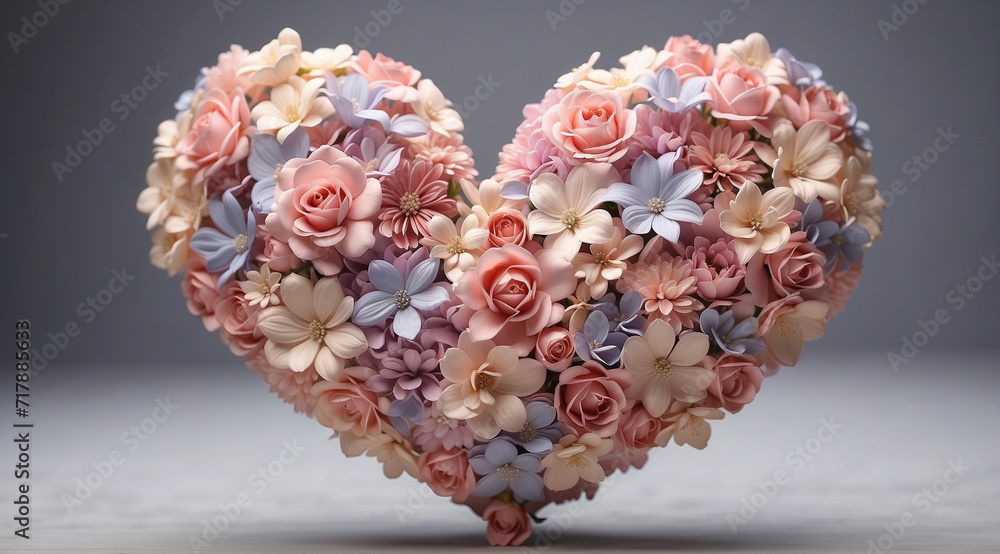 A beautiful heart shape made of pastel colored flowers. An empty gray space. Flowers of various types and colors. A beautiful heart shape made of pastel colored flowers. An empty gray space. Flowers of various types and colors.