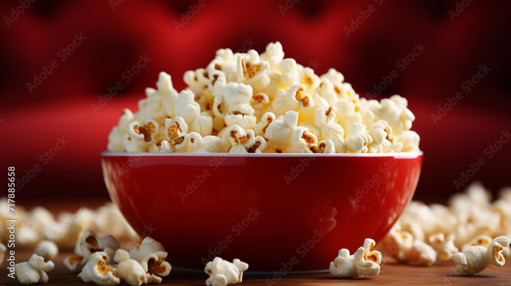 Delicious popcorn on red background Space for text Delicious popcorn on red background Space for text