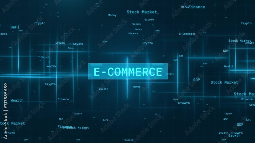 E-Commerce text revealing animation over Glowing Lines in Financial Technology Animation E-Commerce text revealing animation over Glowing Lines in Financial Technology Animation