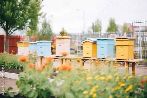 wooden beehives lined up beside a blooming pollinator garden © primopiano